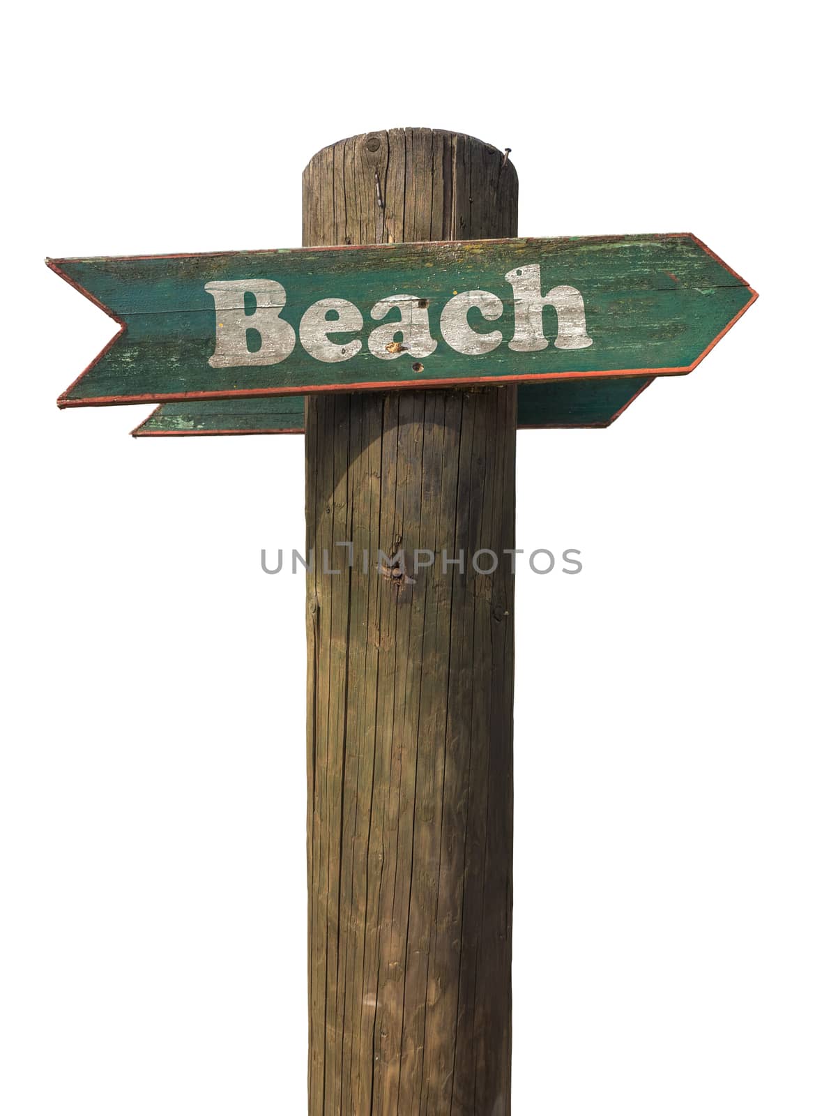 Isolated Wooden Sign Pointing To The Beach With White Background