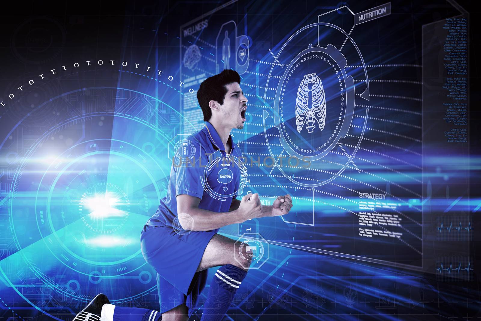 Cheering football player against blue technology background