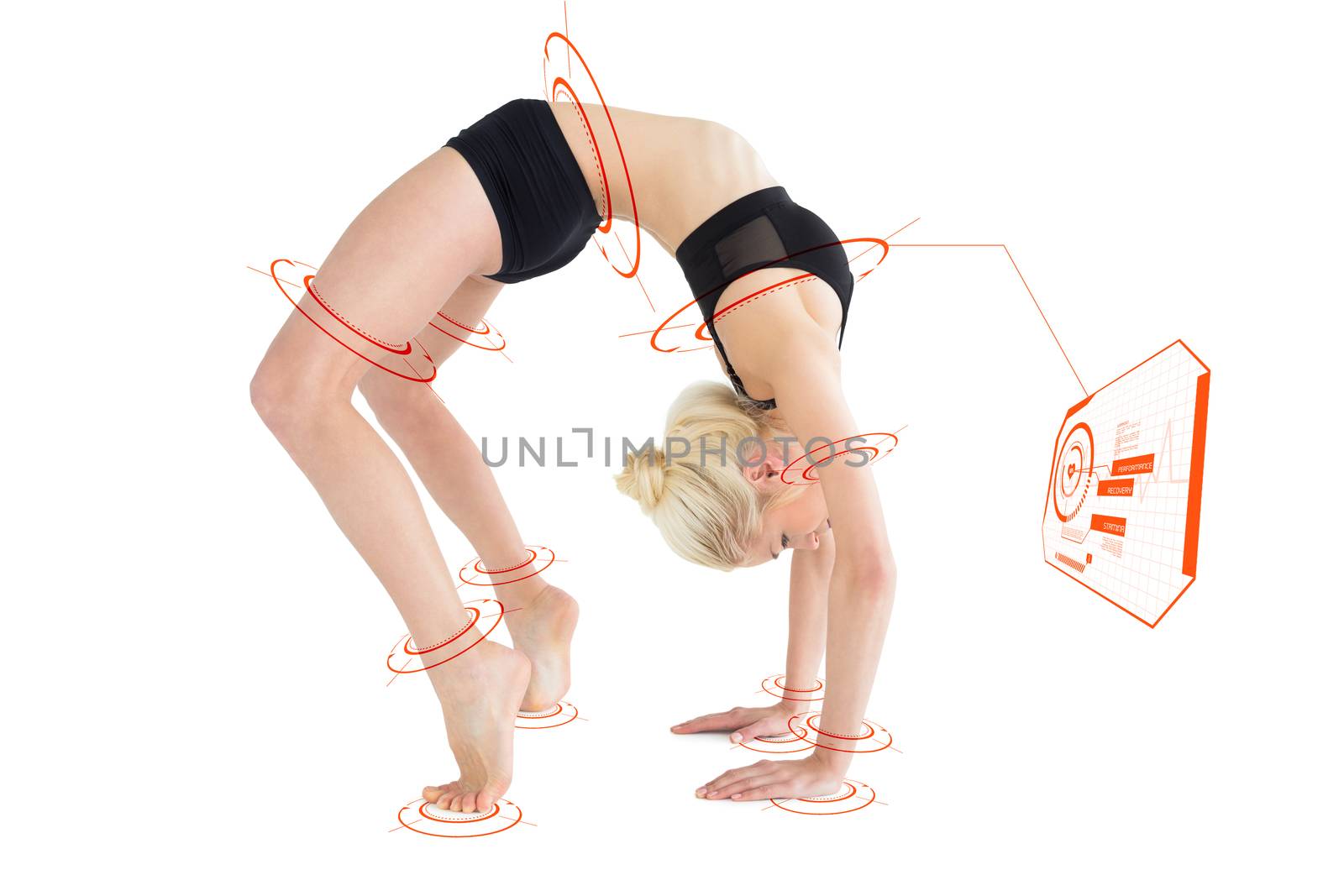 Composite image of side view of a fit young woman doing the wheel pose by Wavebreakmedia