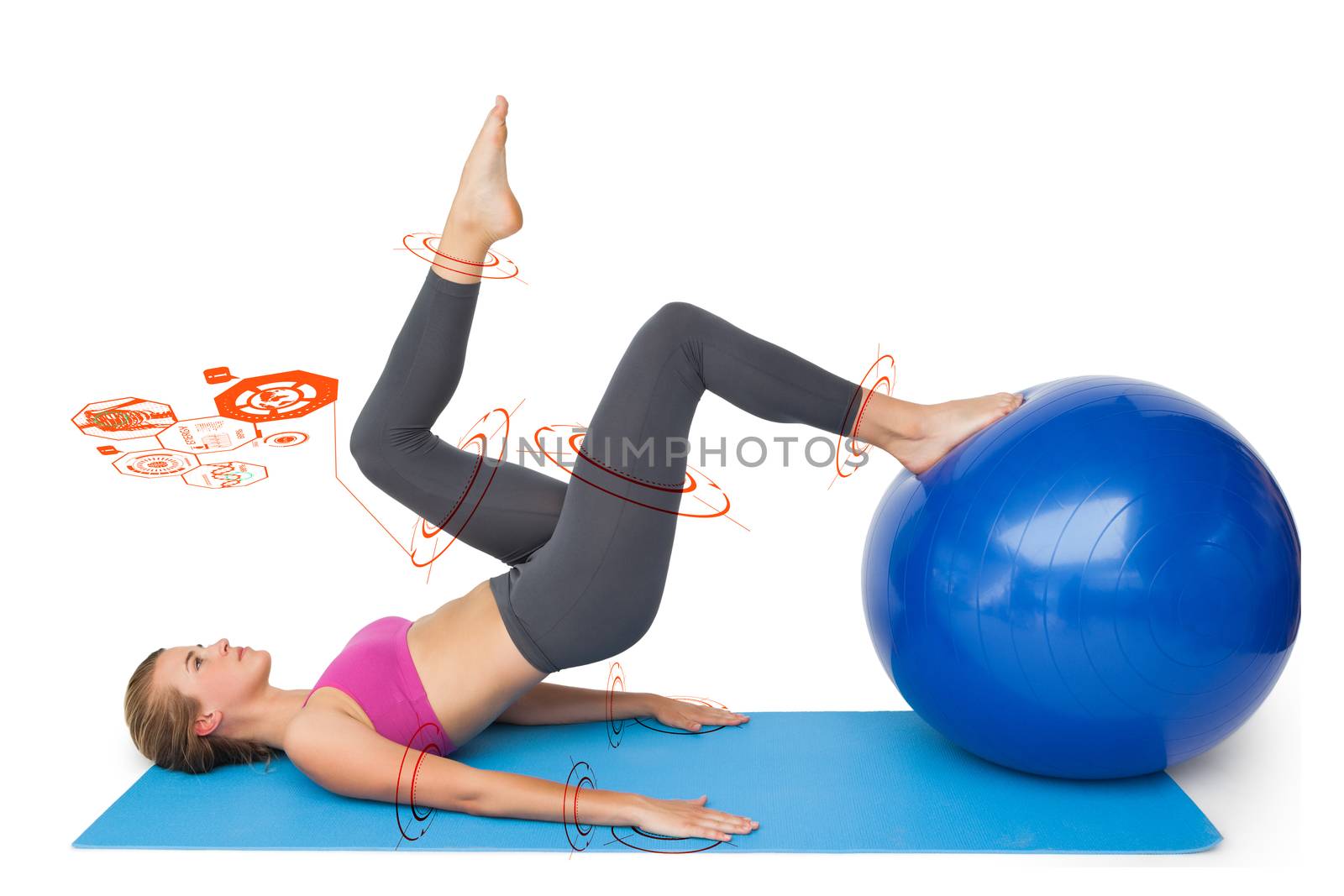 Composite image of side view of a fit woman exercising with fitness ball by Wavebreakmedia