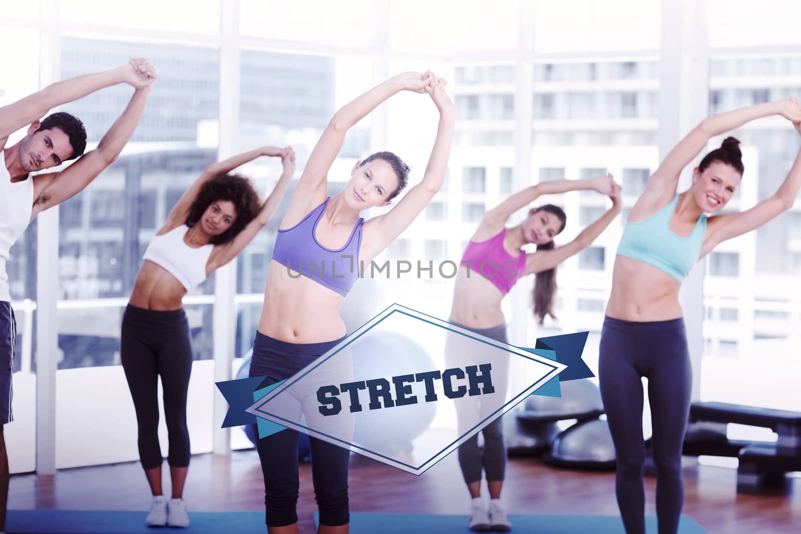 The word stretch and sporty women stretching hands at yoga class against badge