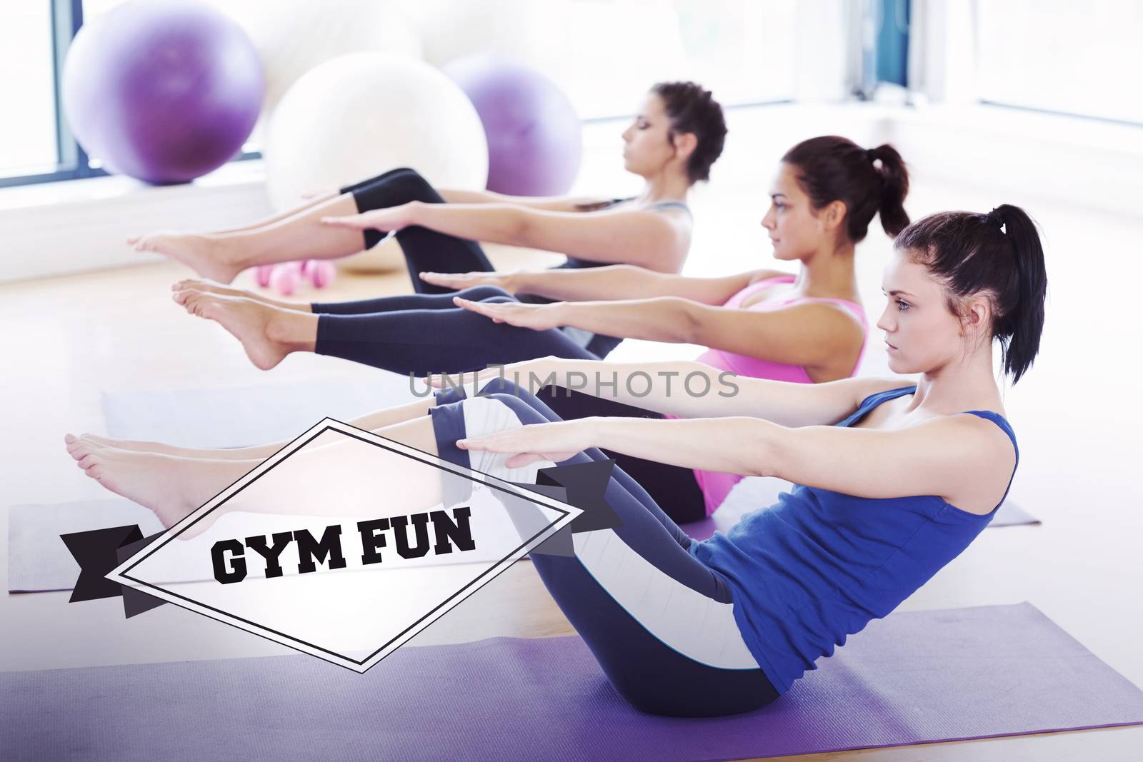 The word gym fun and class stretching on mats at yoga class in fitness studio against badge