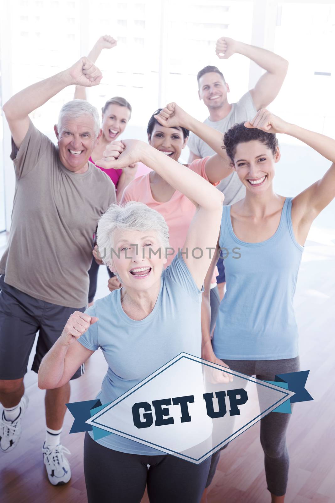 The word get up and portrait of smiling people doing power fitness exercise against badge