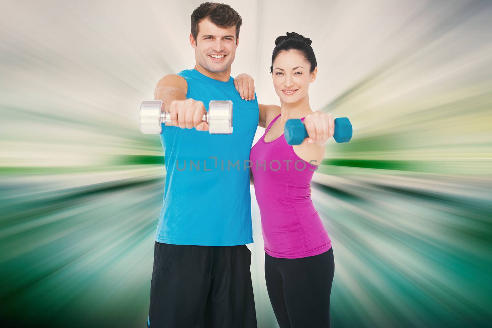 Fit man and woman lifting dumbbells against abstract background