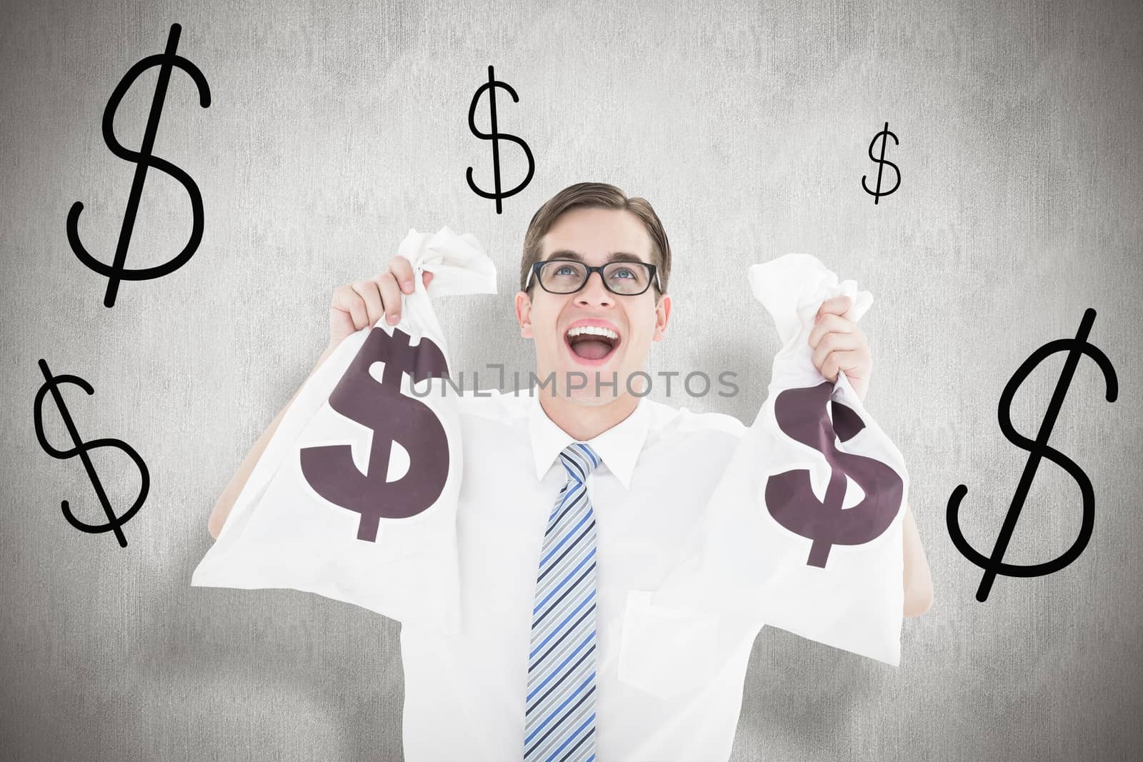 Geeky happy businessman holding bags of money against white background