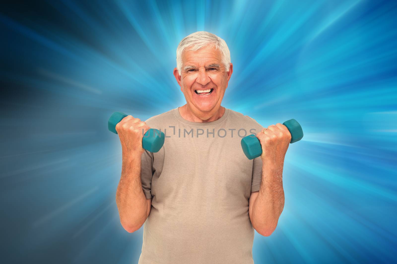 Portrait of a happy senior man exercising with dumbbells against abstract background