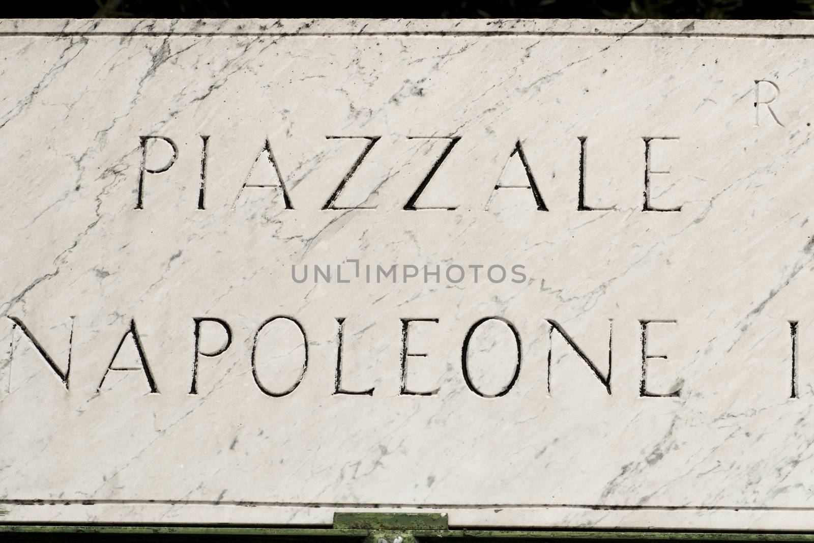 The marble plaque with the name of the street, Piazzale Napoleone, Rome, Italy.