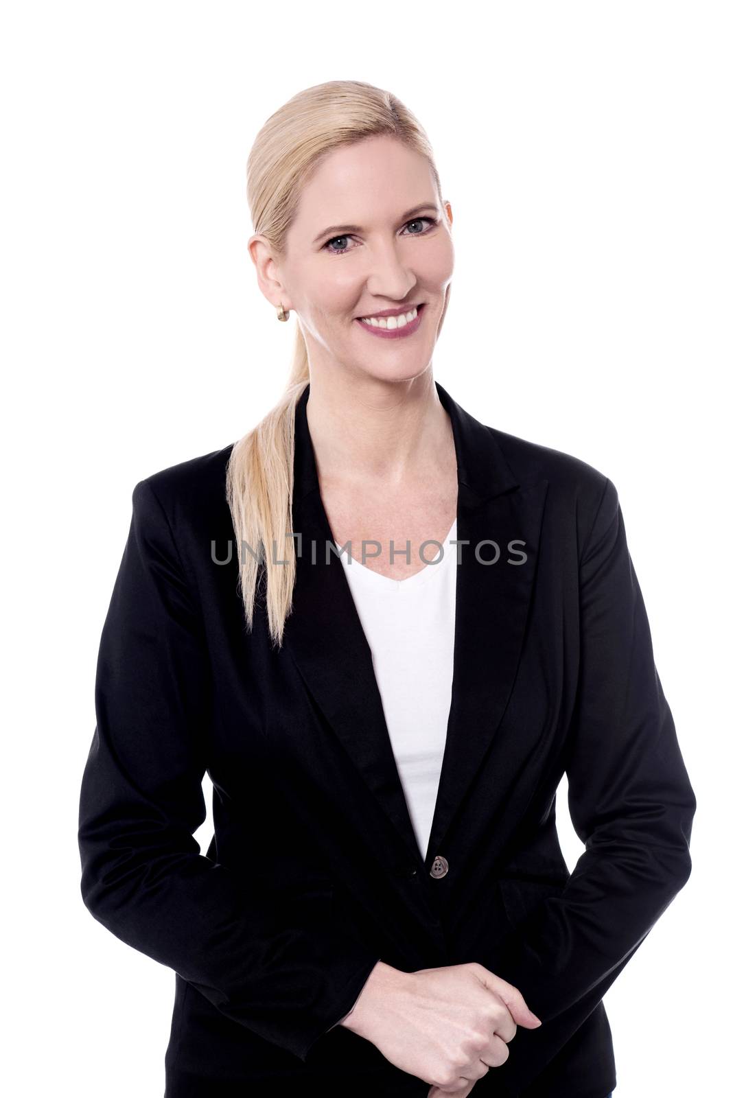 Smiling business woman with hand clasped