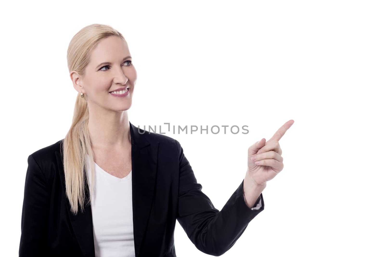 Corporate woman pointing at something 