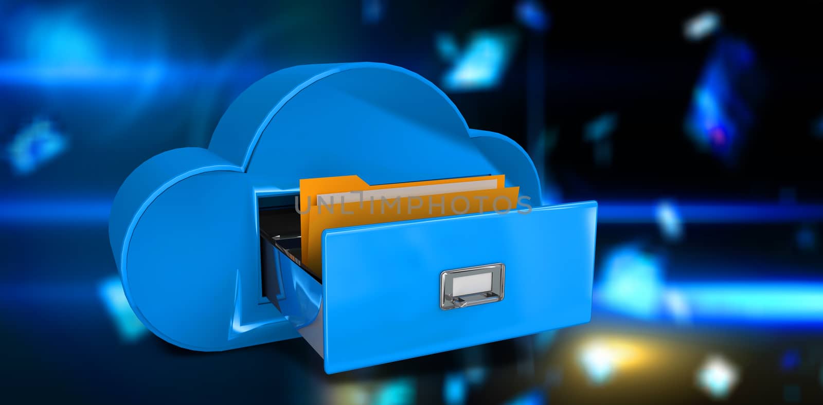 Cloud computing drawer against floating digital screens in blue