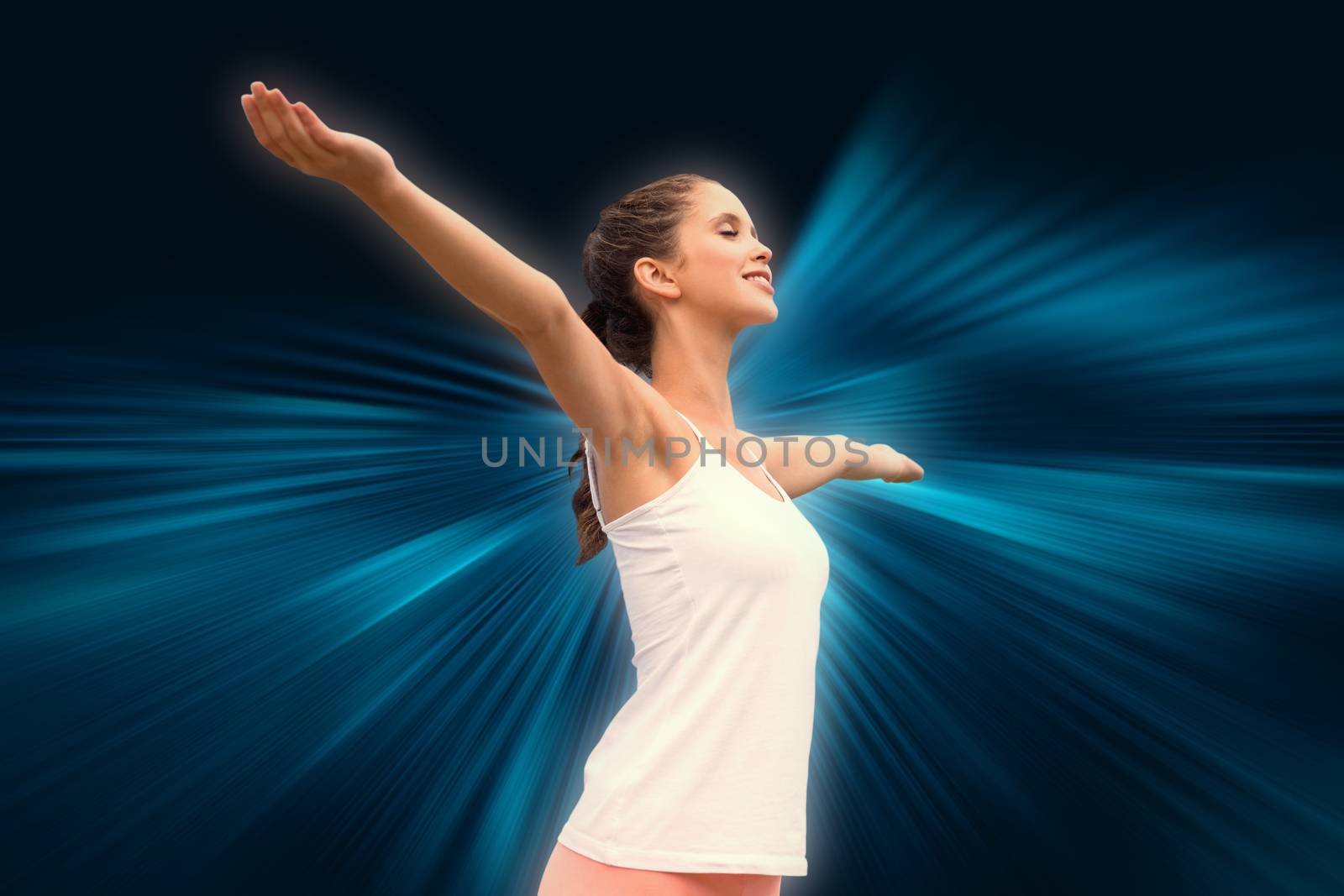 Beautiful woman with arms raised against sky against abstract background