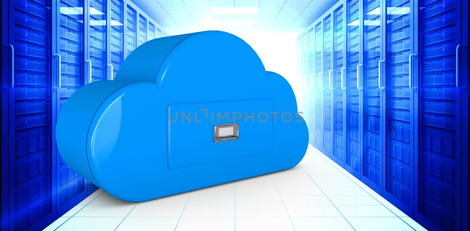 Cloud computing drawer against digitally generated server room with towers