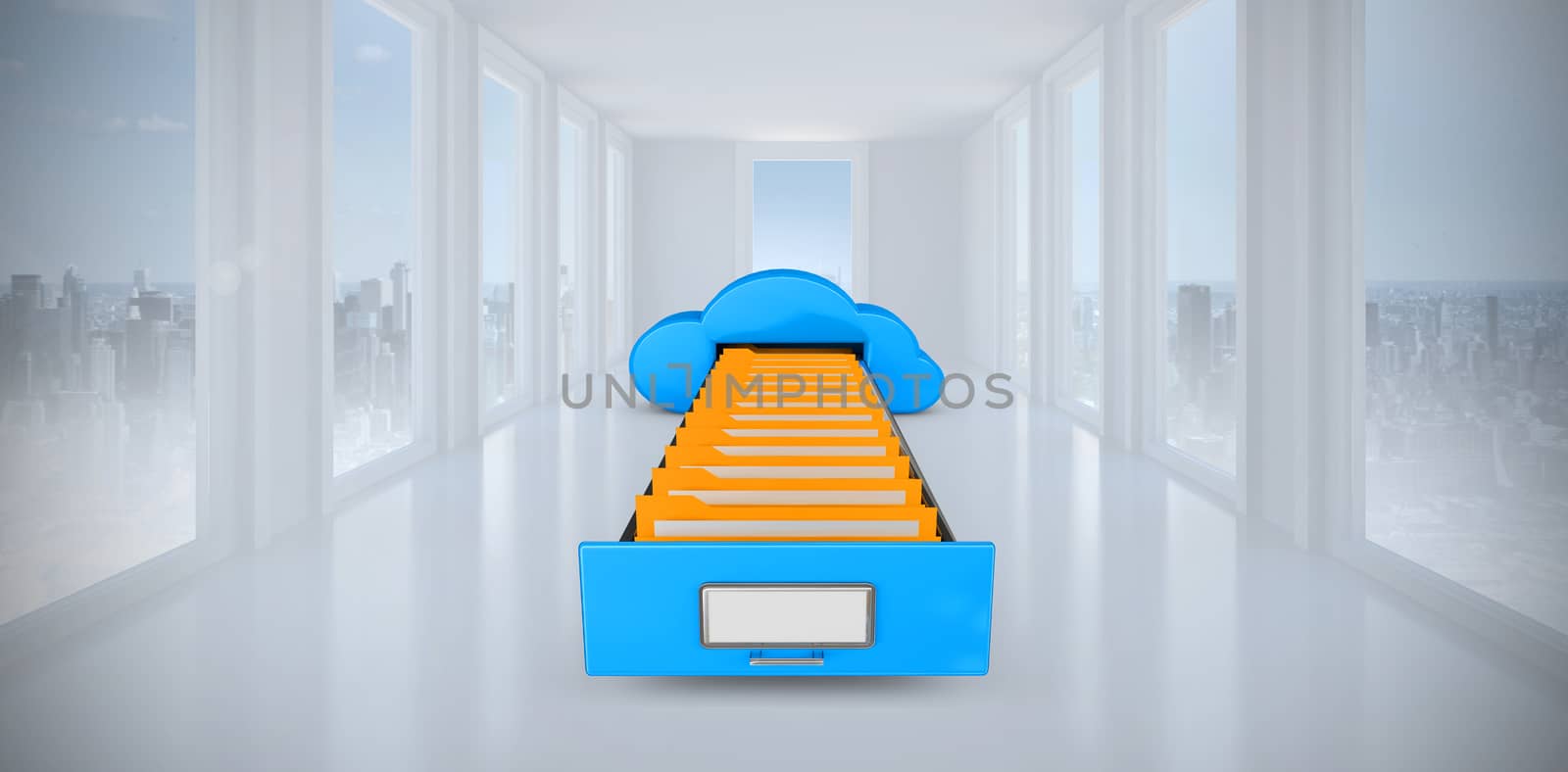 Cloud computing drawer against bright white hall with windows