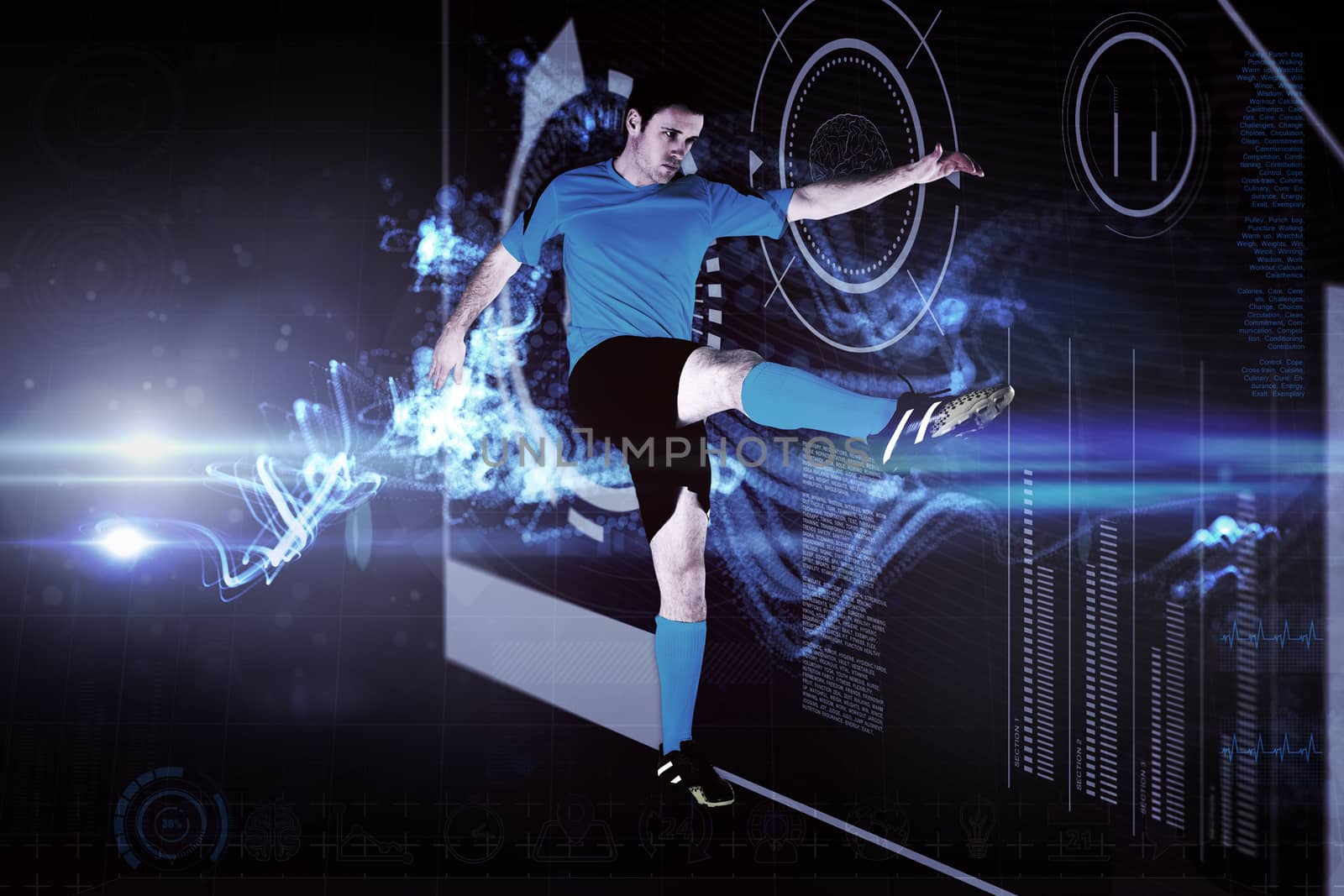 Composite image of football player in blue kicking by Wavebreakmedia