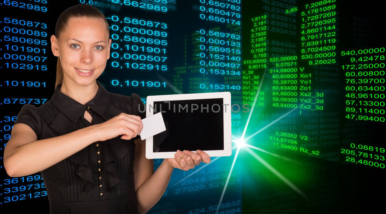 Smiling young woman holging tablet and card by cherezoff