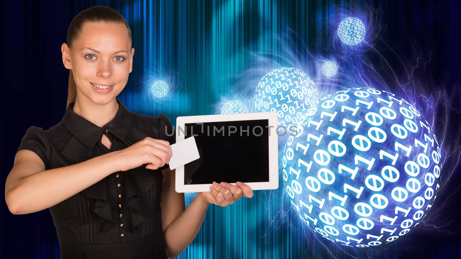 Smiling young woman holging tablet and blank card and looking at camera on abstract digital background with numbers