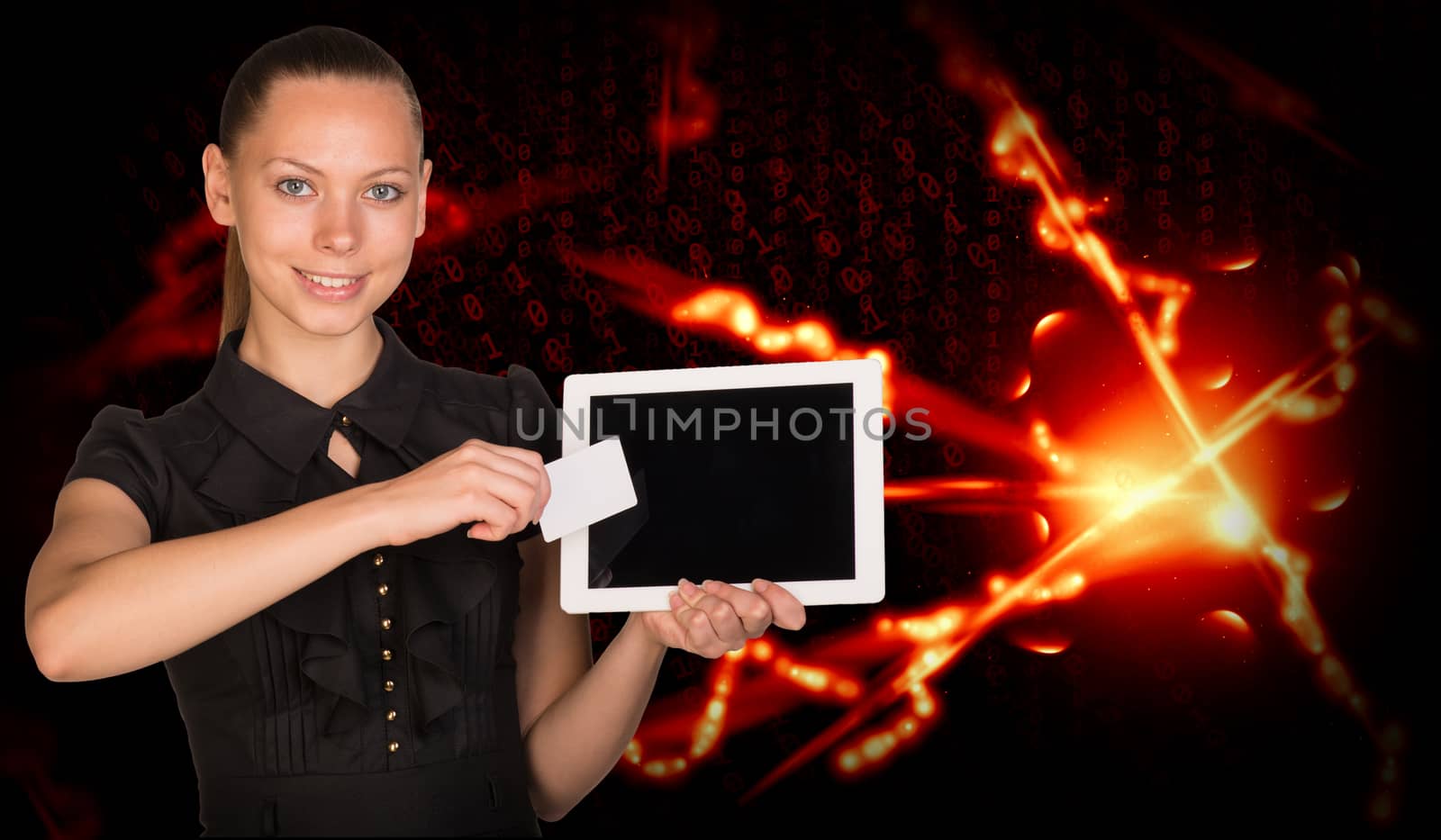 Smiling young woman holging tablet and card by cherezoff