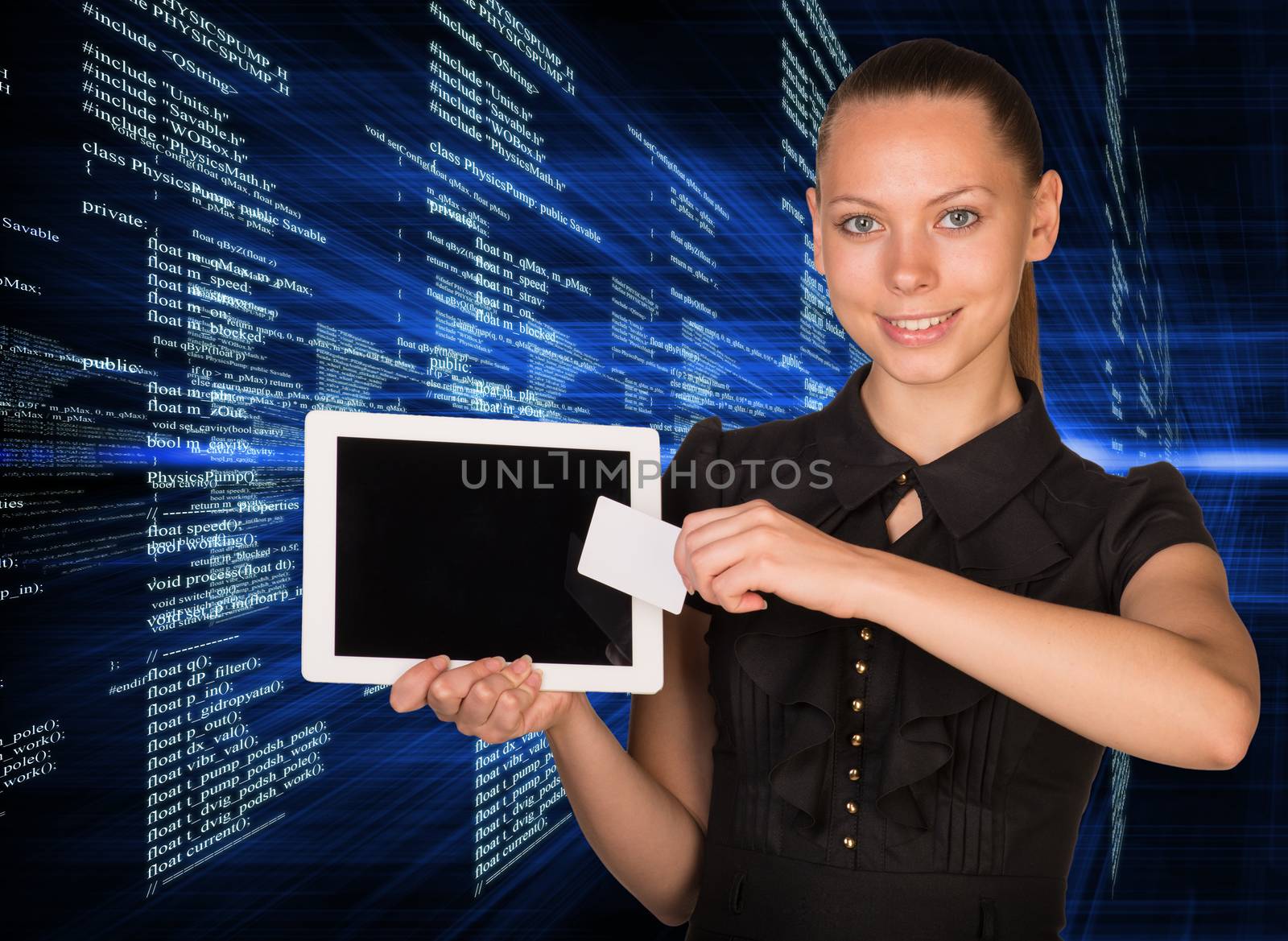 Smiling young woman holging tablet and card by cherezoff