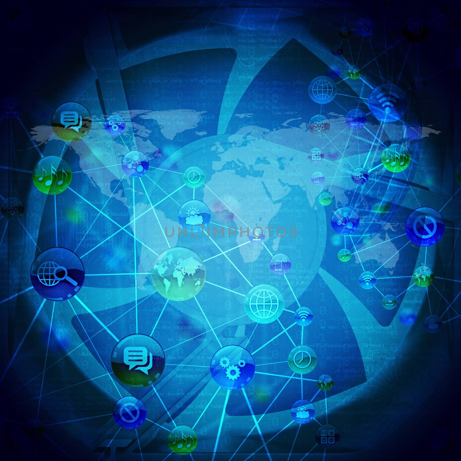 Abstract blue background with world map and icons