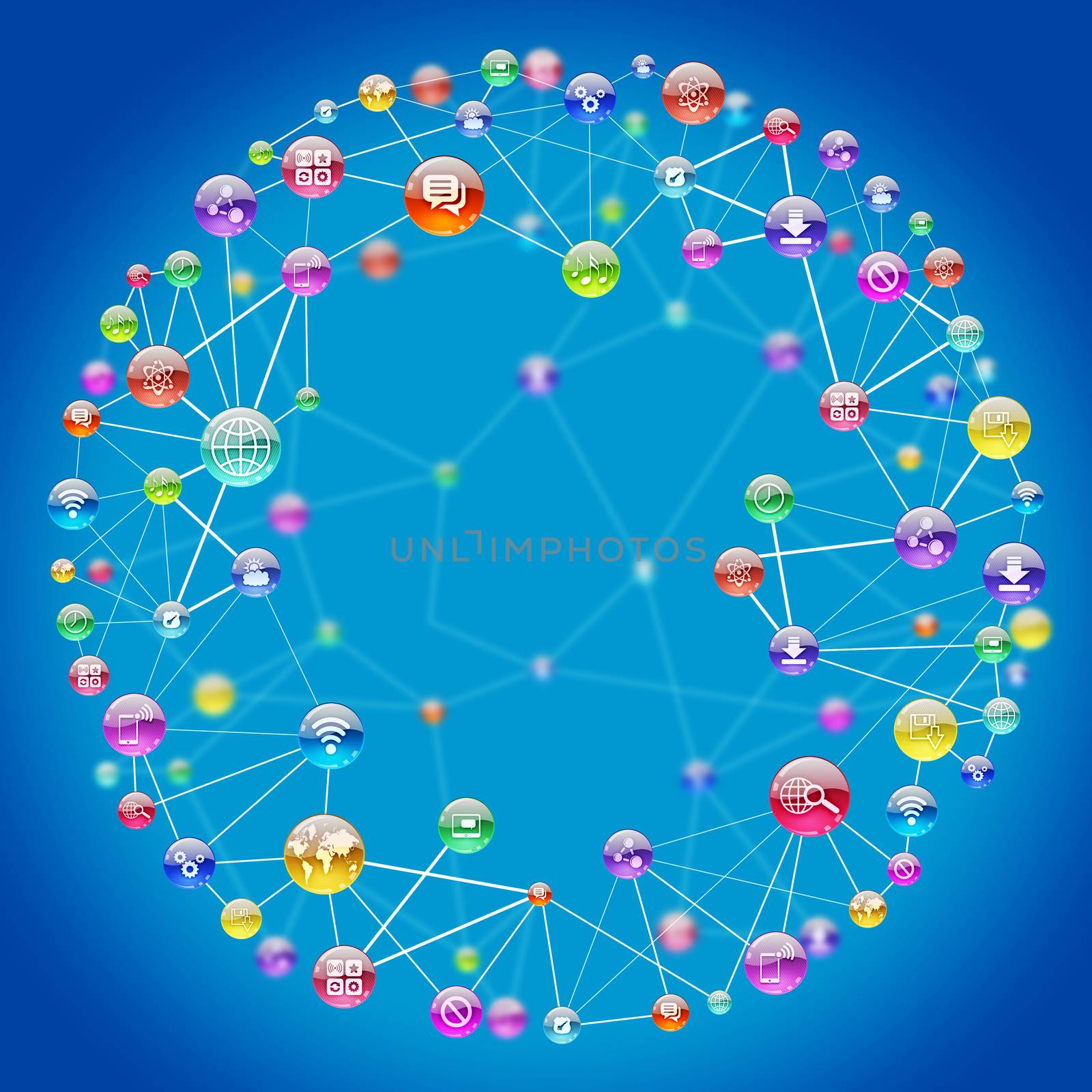 Blue background with colorful connected dots by cherezoff