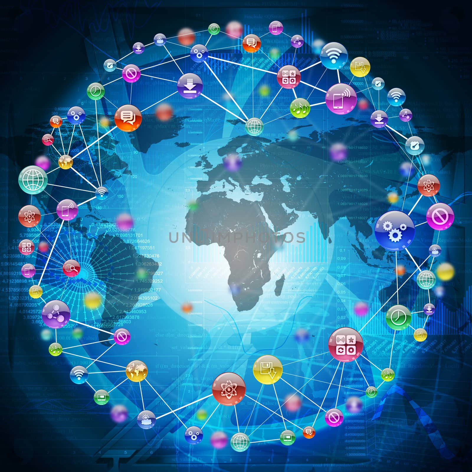 Blue background with colorful connected dots, world map and icons