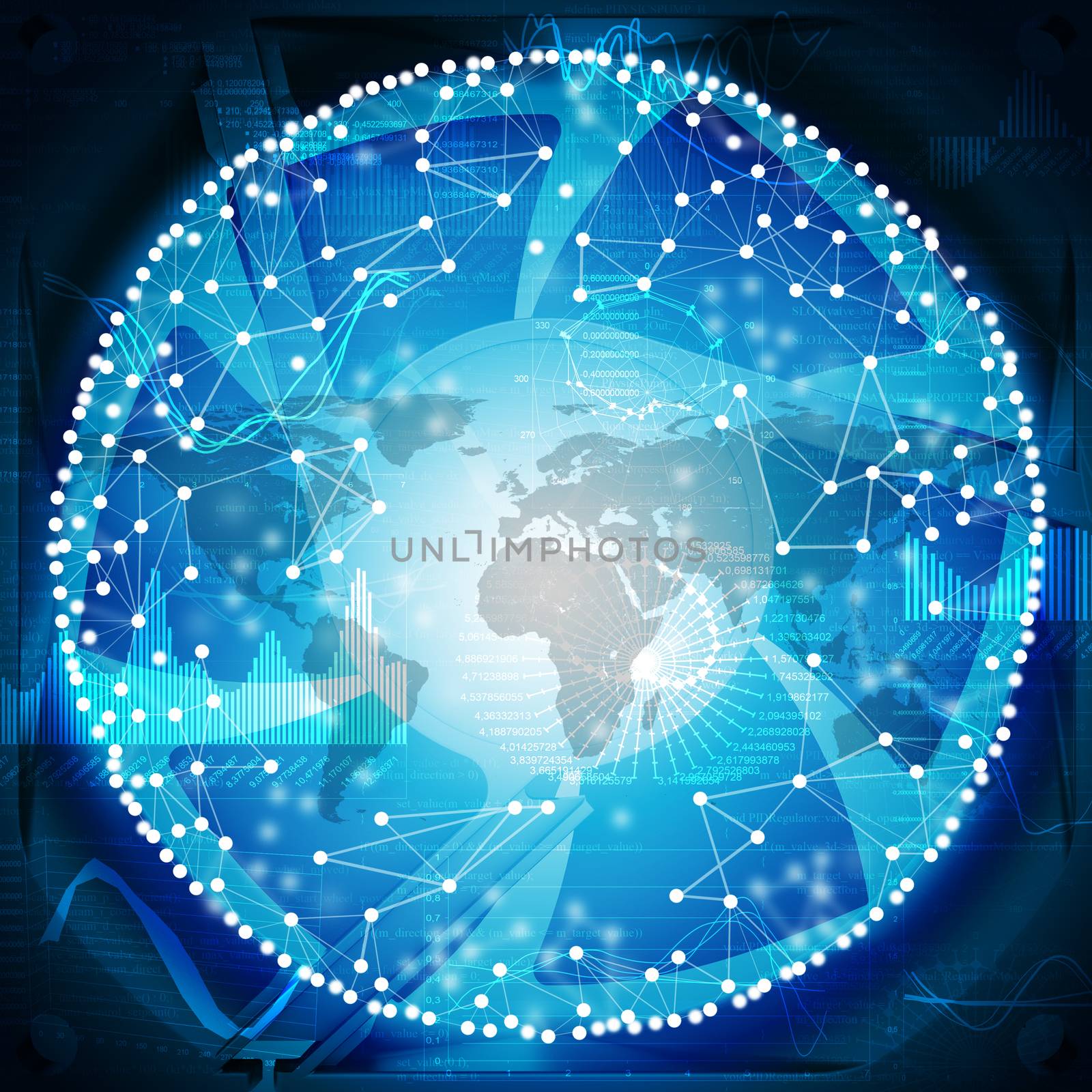 Connected bright dots on abstract blue background with world map and graphical charts