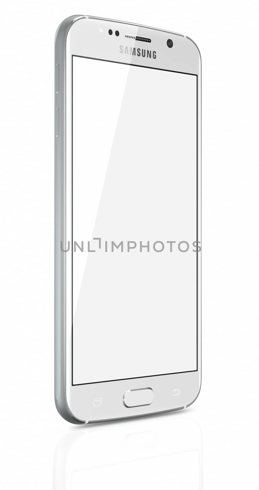 Galati, Romania - April 27, 2015: White Pearl Samsung Galaxy S6 with blank screen on white background. The telephone is supported with 5.1" touch screen display and 1440 x 2560 pixels resolution. The Samsung Galaxy S6 was launched at a press event in Barcelona on March 1 2015.