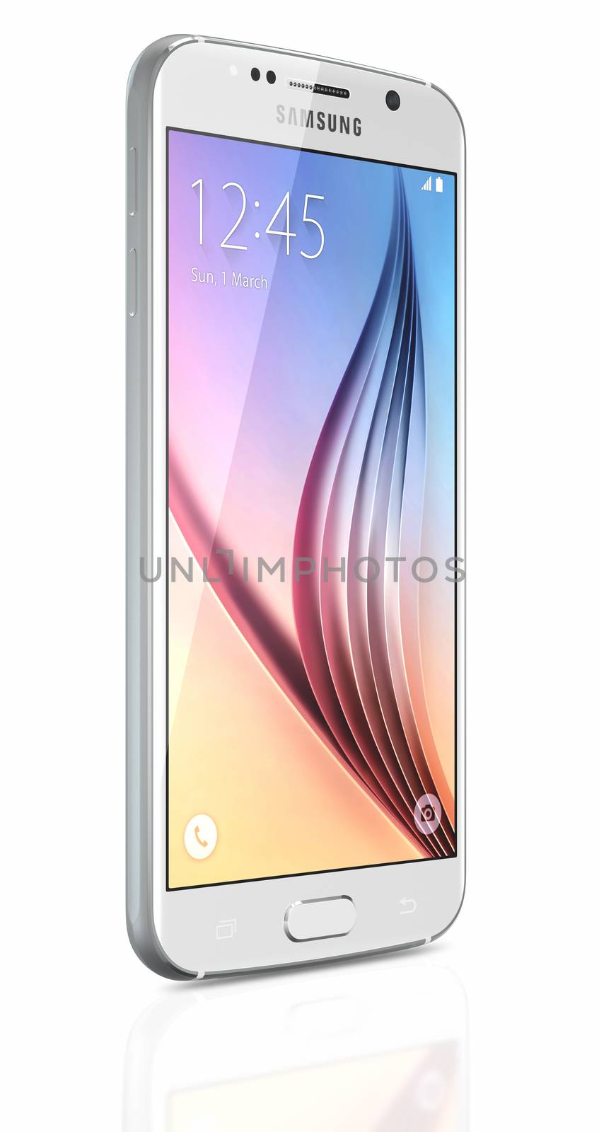 Galati, Romania - April 27, 2015: White Pearl Samsung Galaxy S6 smartphone on white background. The telephone is supported with 5.1" touch screen display and 1440 x 2560 pixels resolution.  The Samsung Galaxy S6 was launched at a press event in Barcelona on March 1 2015.