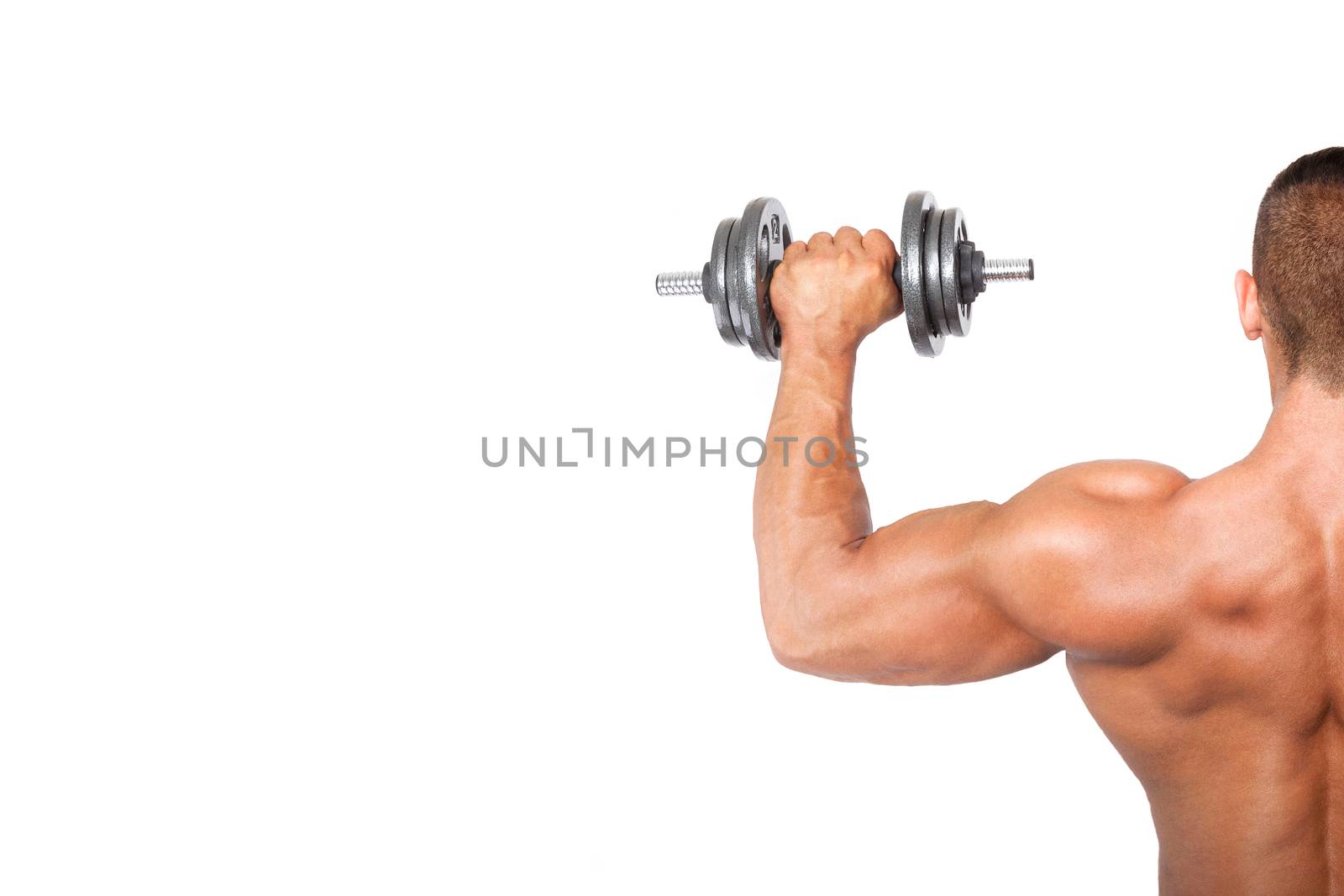 Bodybuilding background with copy space. Bodybuilder holding dumbbell isolated on white background. 