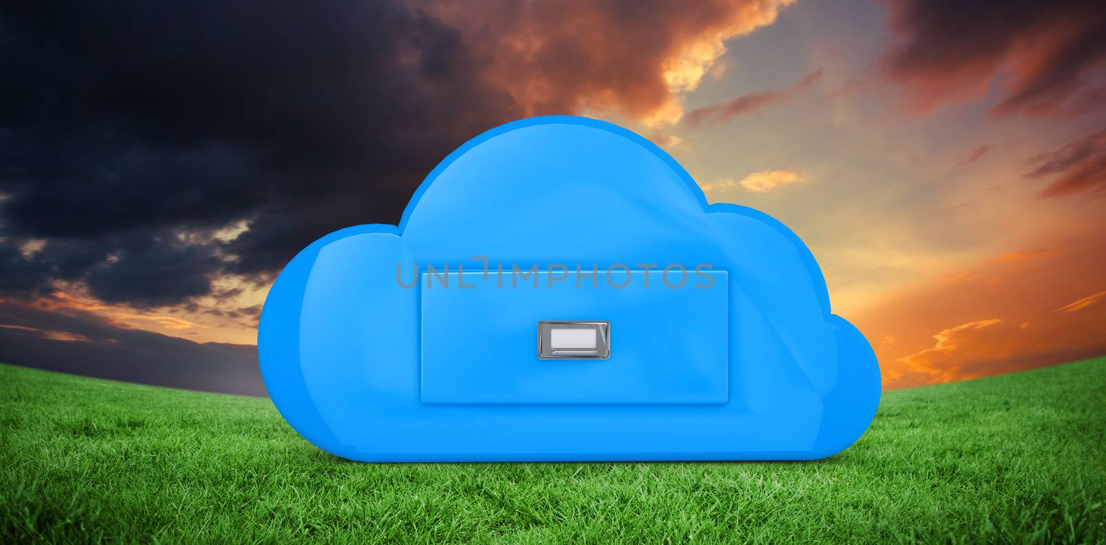 Cloud computing drawer against green field under orange sky