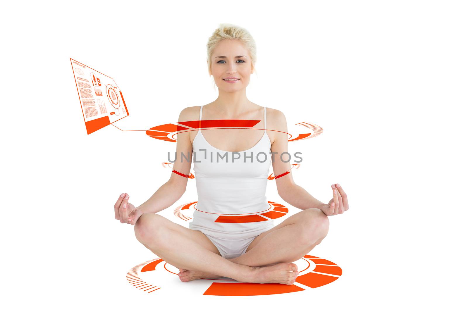 Toned young woman sitting in lotus pose against fitness interface