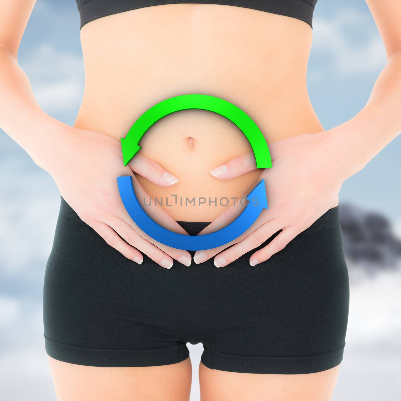 Composite image of closeup mid section of a fit woman with stomach pain by Wavebreakmedia