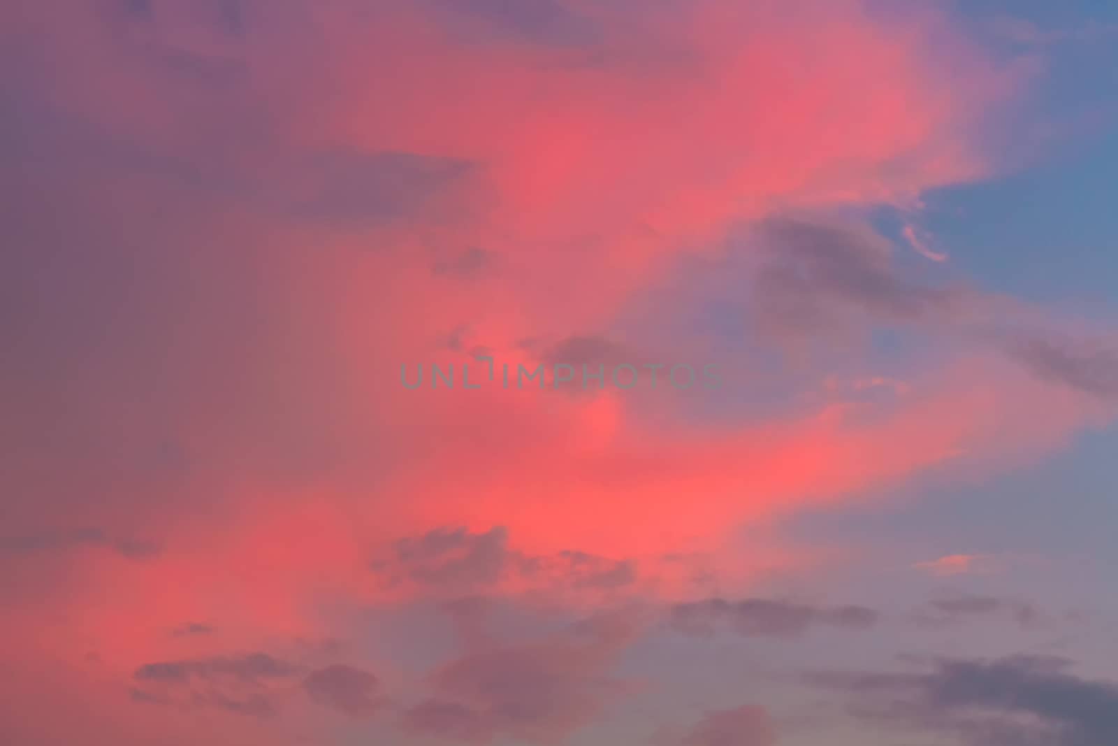 Pink clouds on blue sky background at sundown