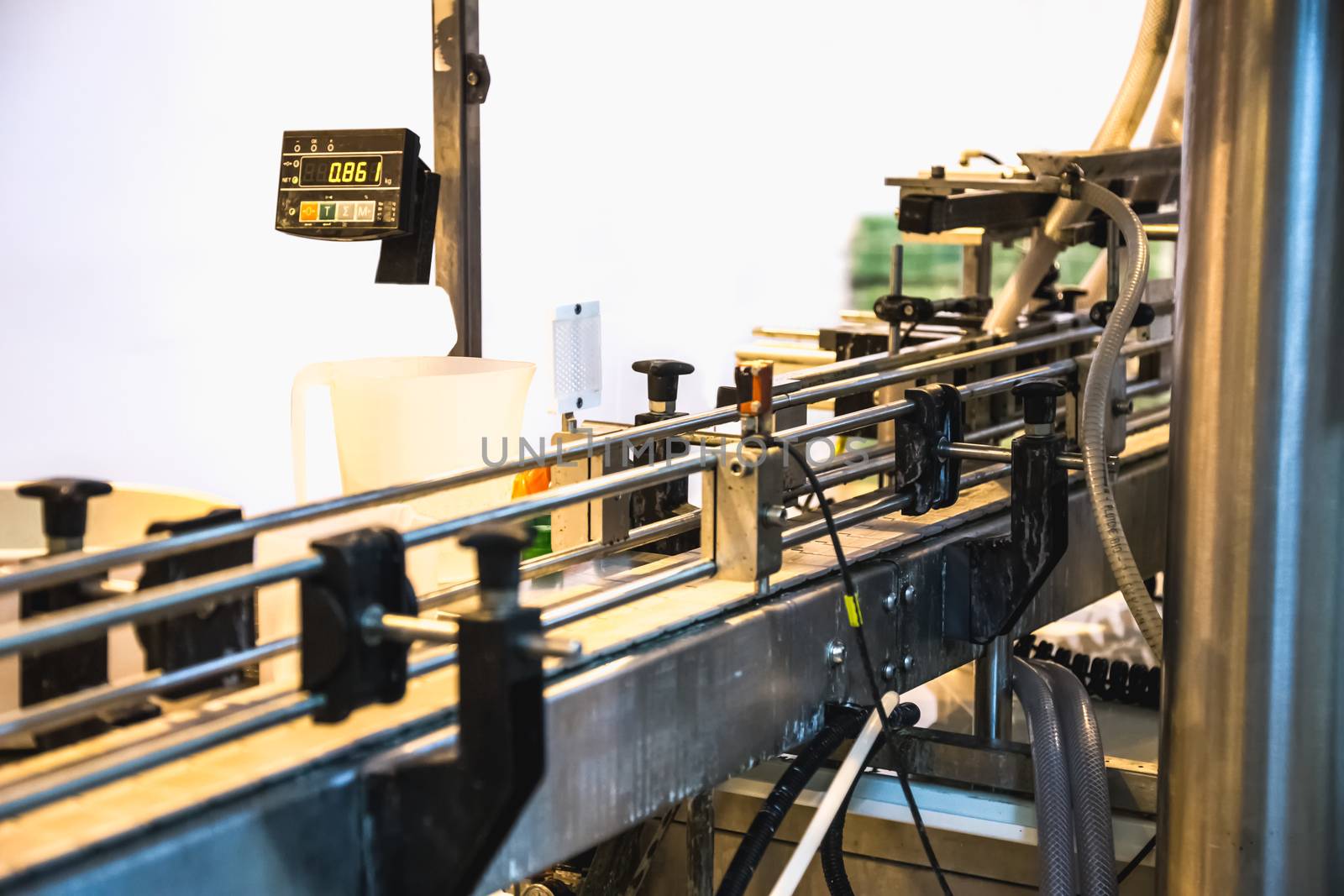 Automatic packing line of conveyor. Pharmaceutical and chemical industry. Manufacture on factory