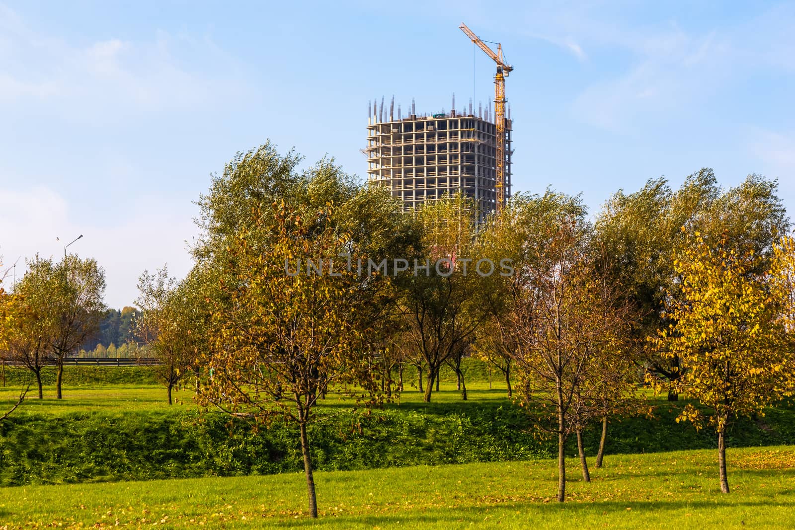 Building crane on construction of city