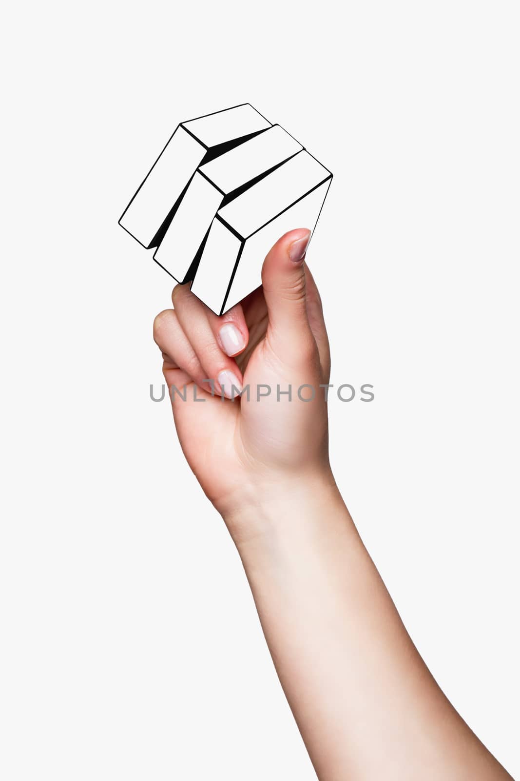 Hand holding white cube on white background