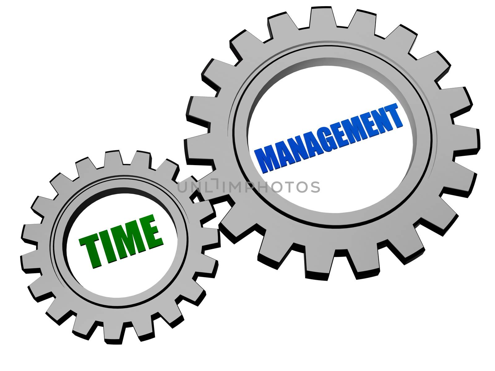 time management - text in 3d silver grey metal gear wheels, business organizing concept