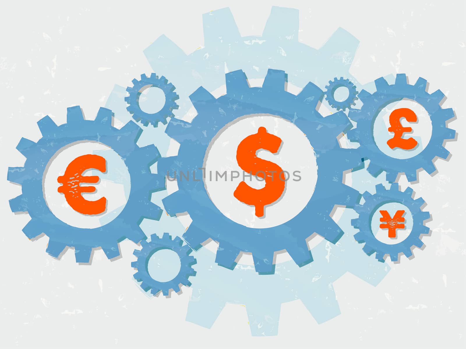 euro, dollar, pound and yen signs - business finance and monetary units concept - red symbols in blue grunge flat design gear wheels