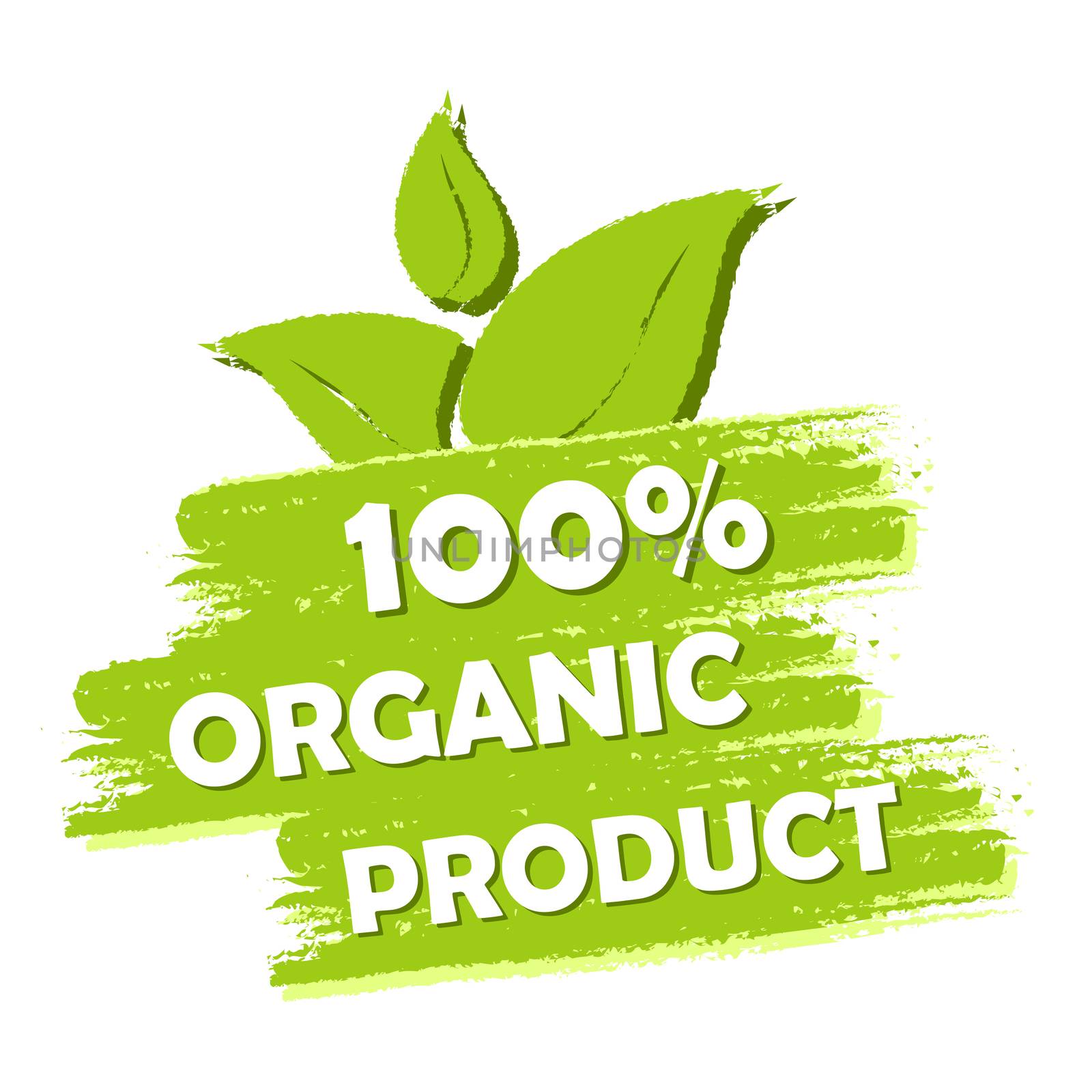 100 percent organic product with leaf sign banner, green drawn label with text and symbol, business eco bio concept