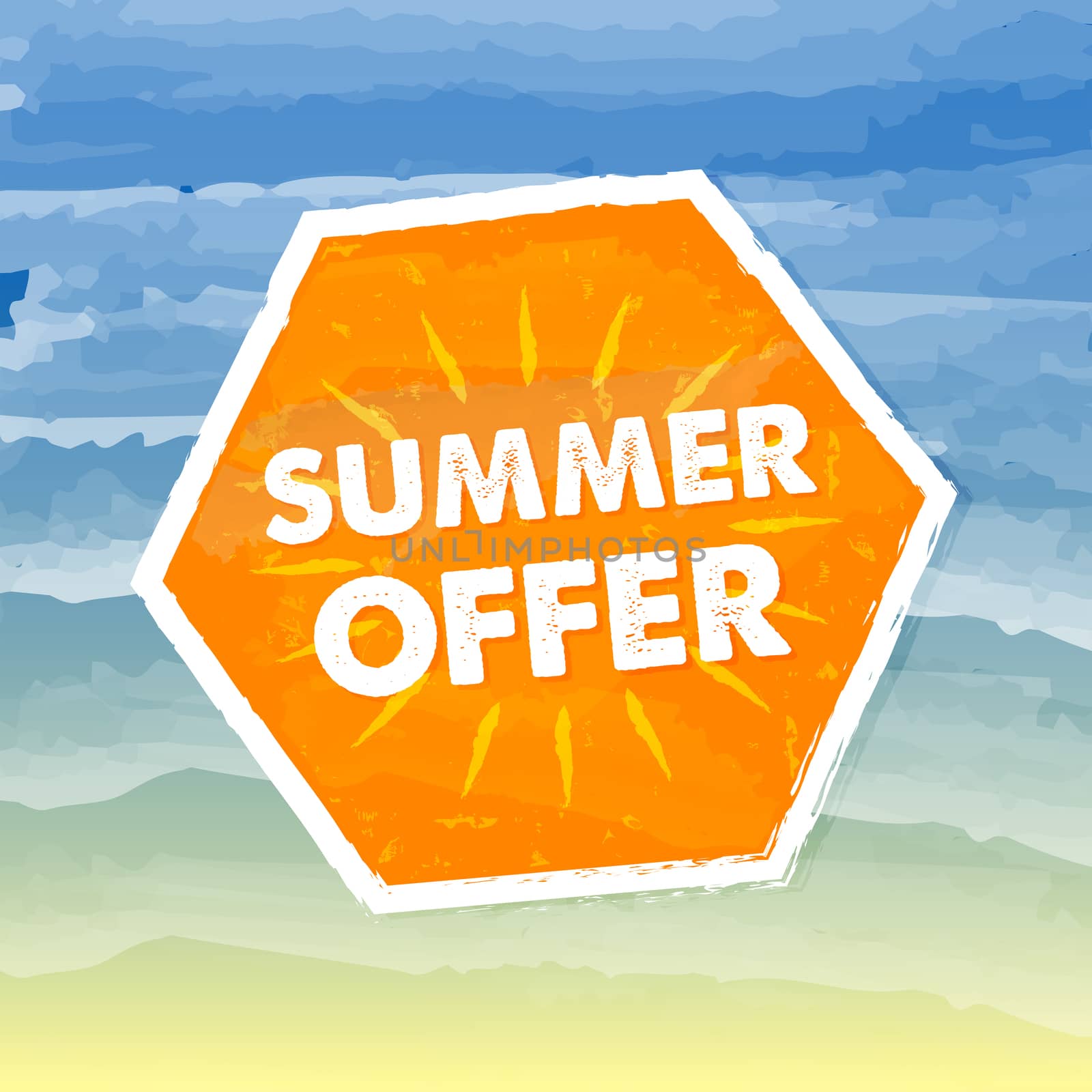summer offer banner - text in orange hexagon label over yellow blue drawn background, business seasonal shopping concept