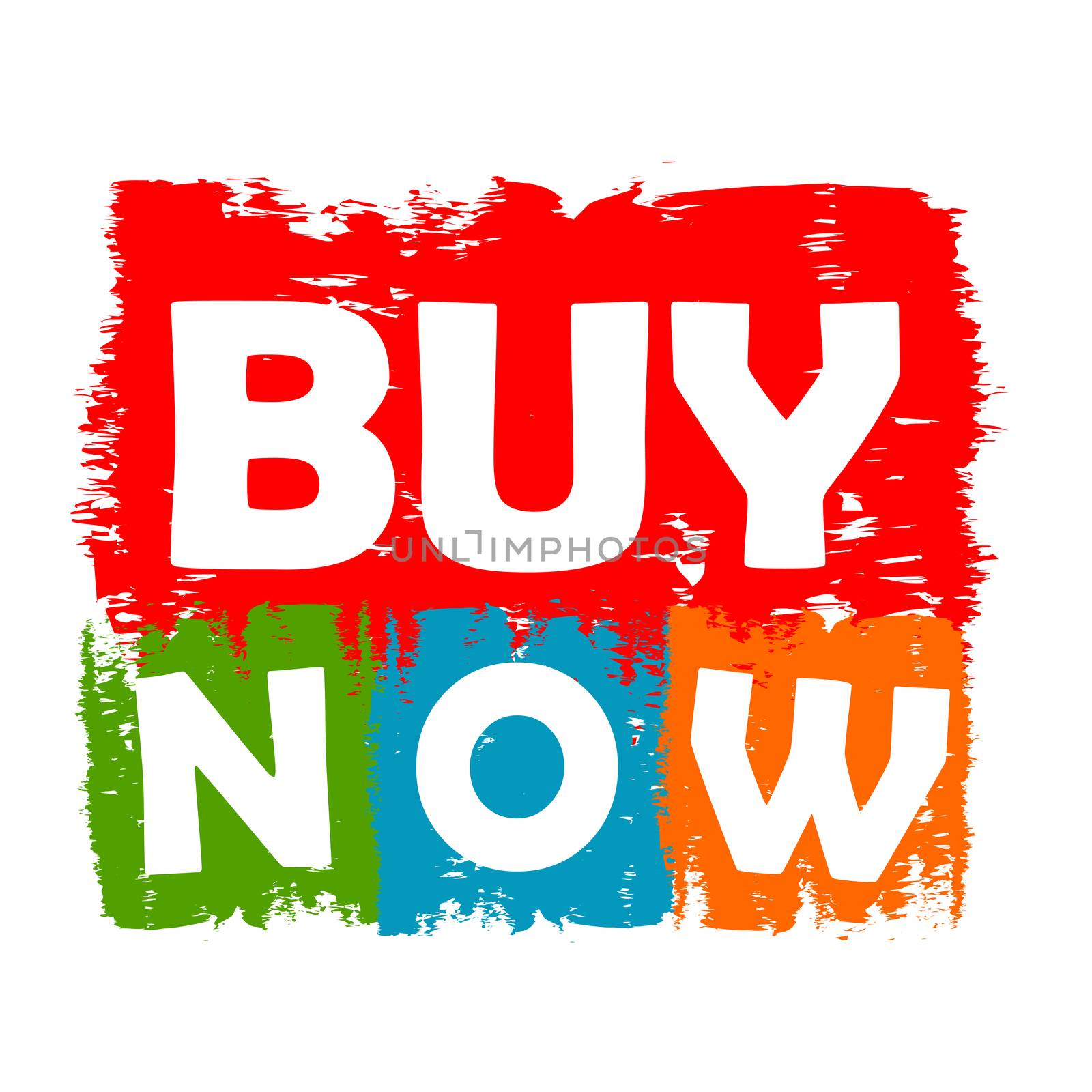 buy now drawn label - text in red, green, blue, orange and purple banner, business shopping and e-commerce concept