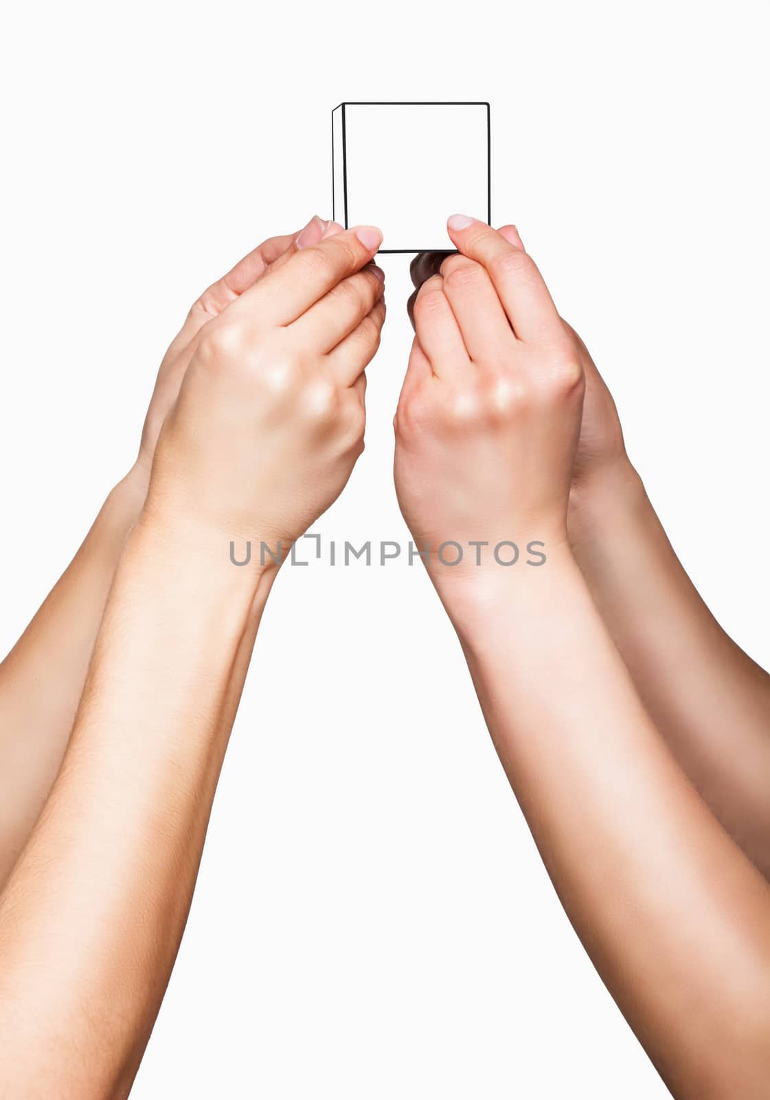 Hands holding white cube on white background