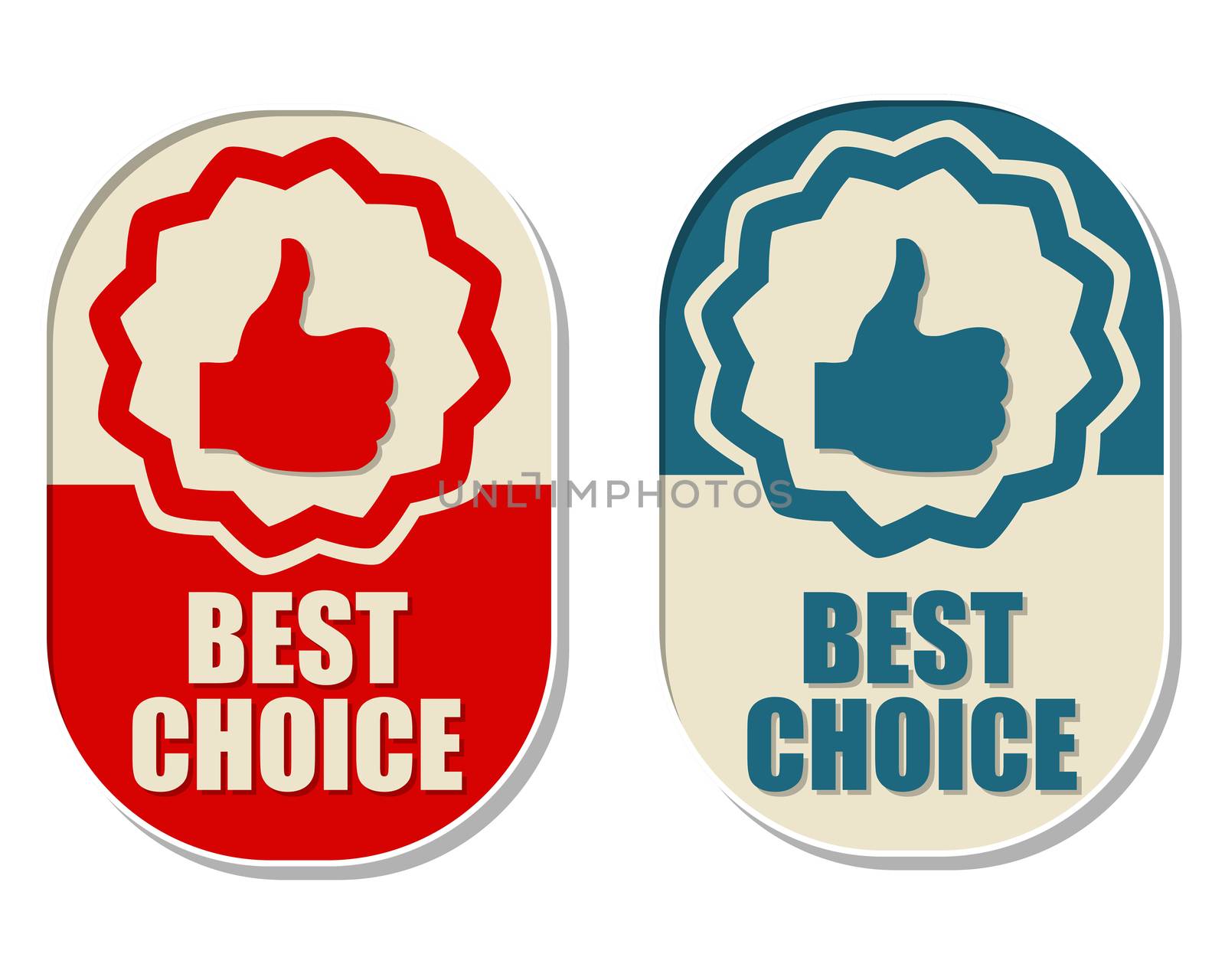 best choice and thumb up signs, two elliptical labels by marinini