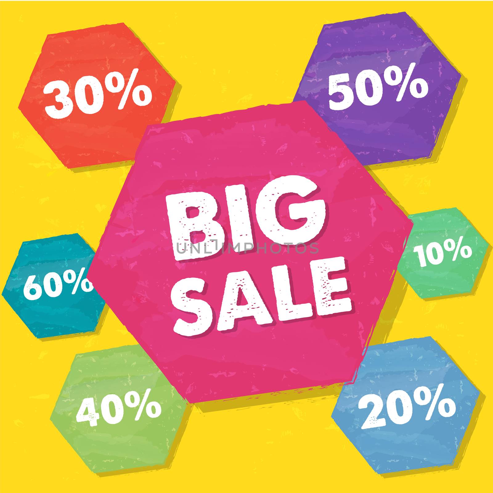 big sale and percentages in hexagons over yellow background, grunge flat design, business shopping concept