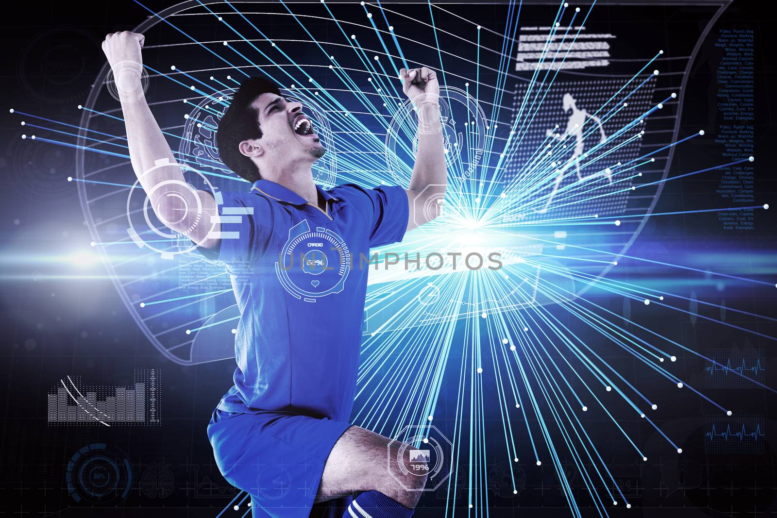Cheering football player against abstract technology background