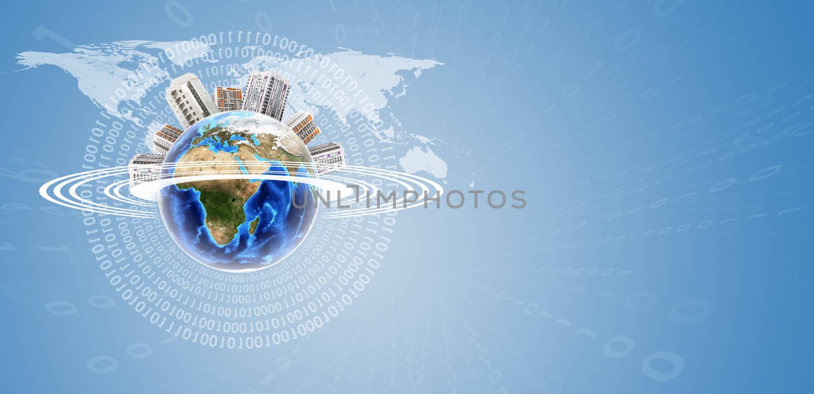 Earth model with circles around and world map on blue background. Elements of this image furnished by NASA