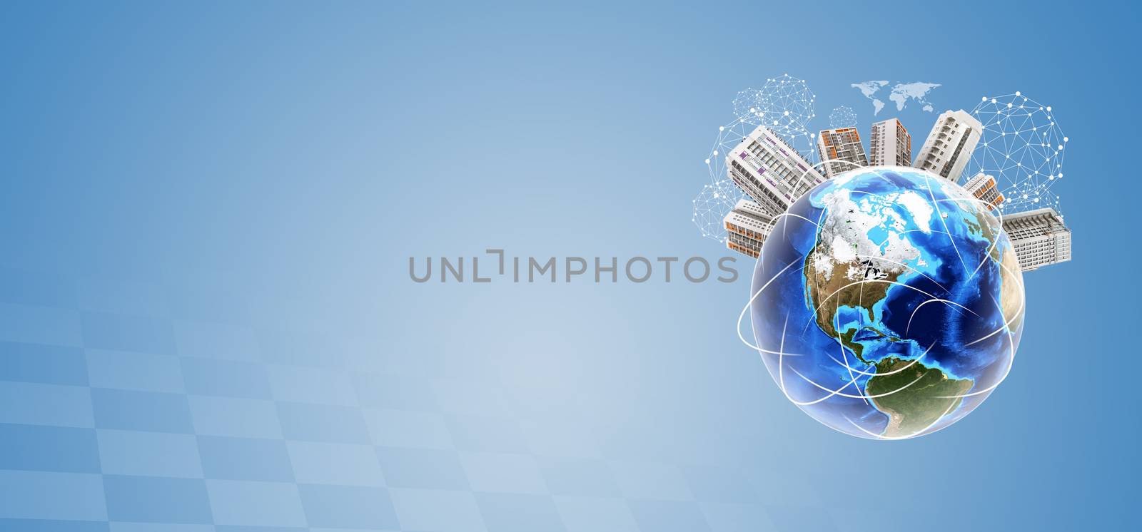 Earth with cityscape and molecule model on blue background. Elements of this image furnished by NASA