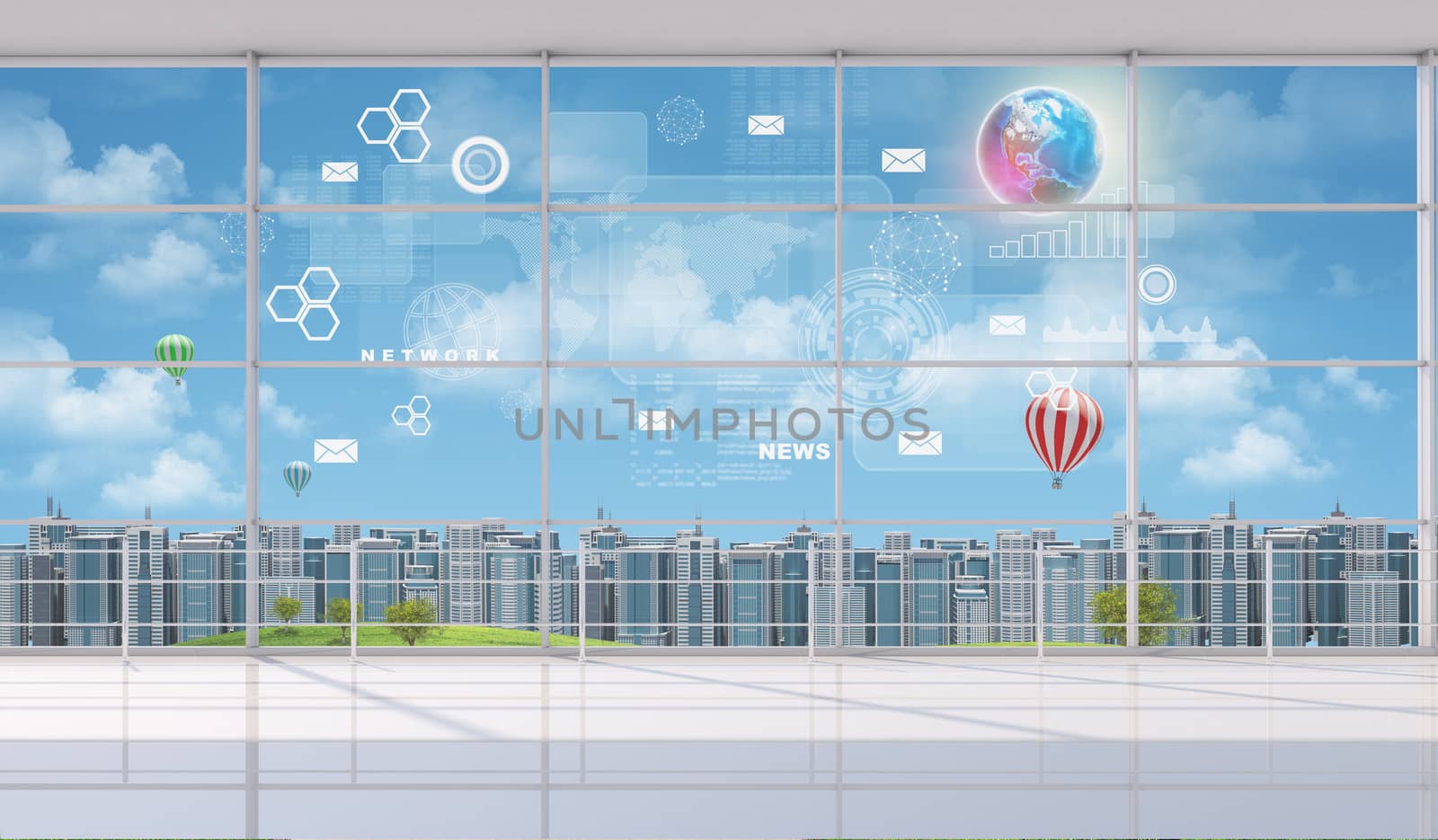 Cityscape outside window, fine weather with balloons, indoor view. Elements of this image furnished by NASA