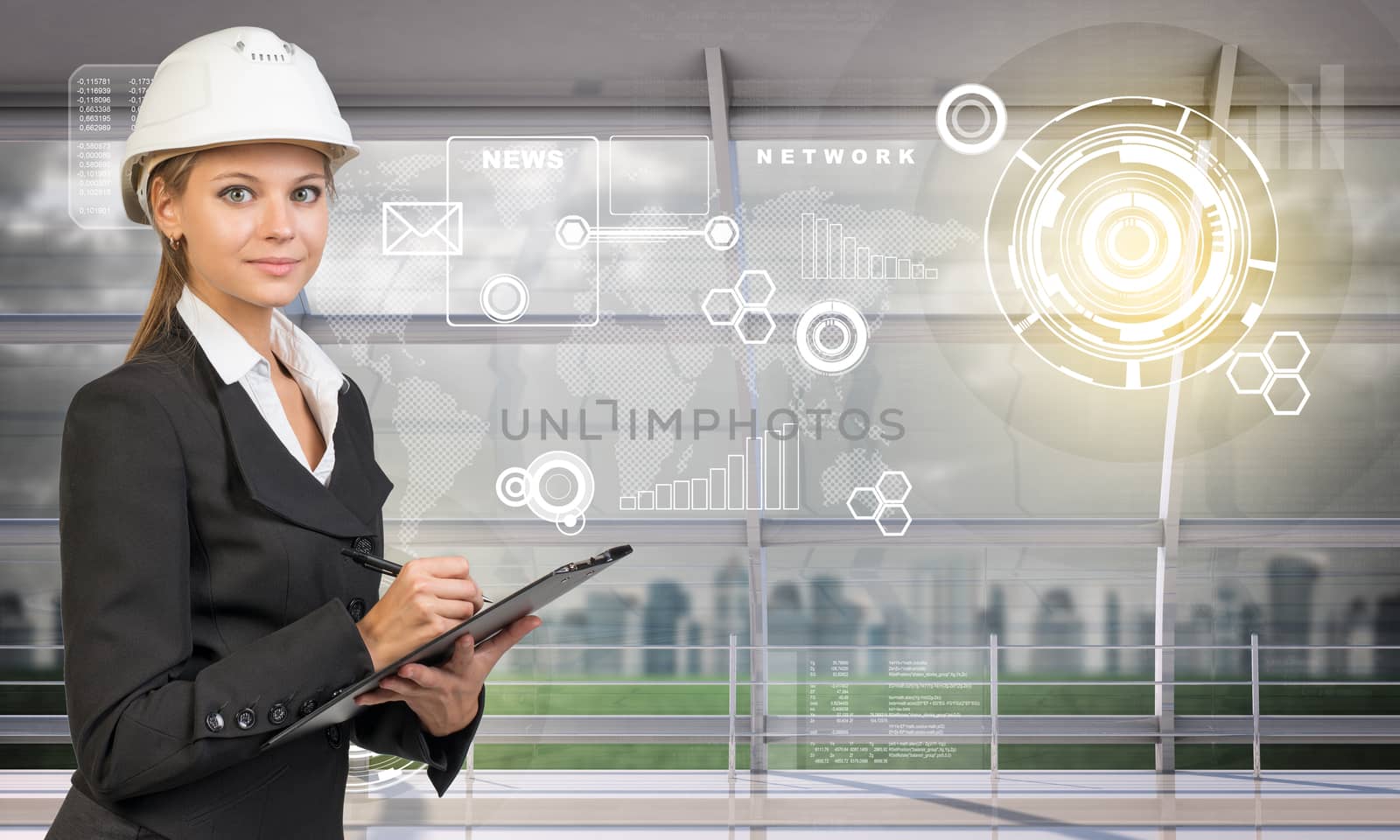 Young woman holding folder in hard hat and looking at camera on abstract digital background