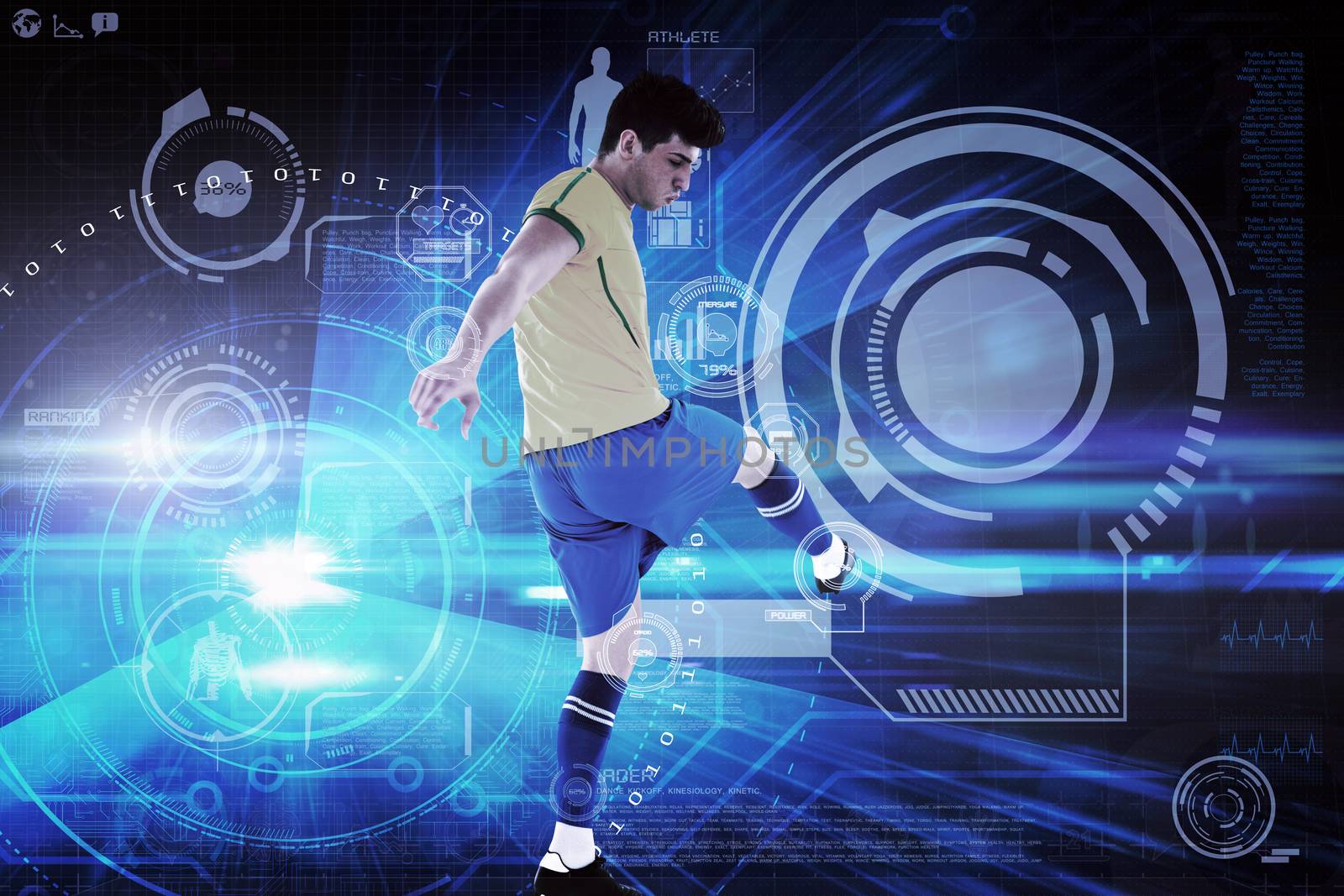 Football player against blue technology background